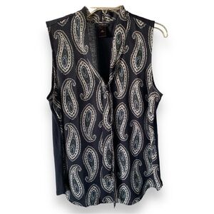 Ann Taylor Navy White Paisley Sleeveless Top Blouse Size M Bow Tie